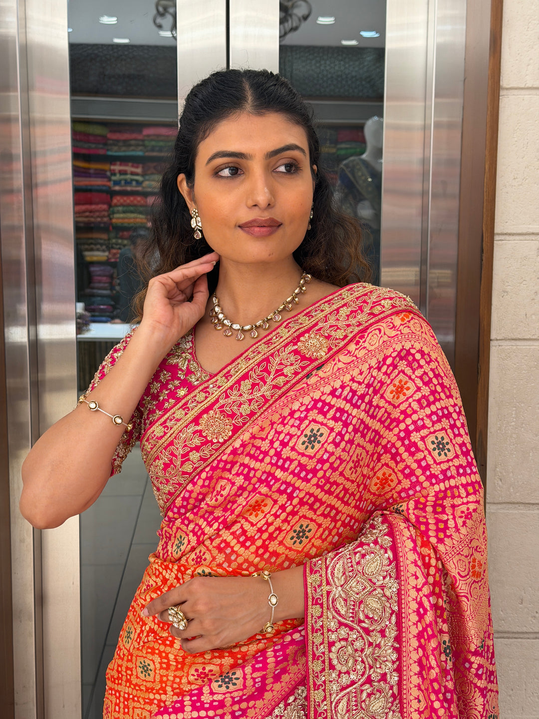 Orange Pink Bandhani Silk Saree with Heavy Zari Border