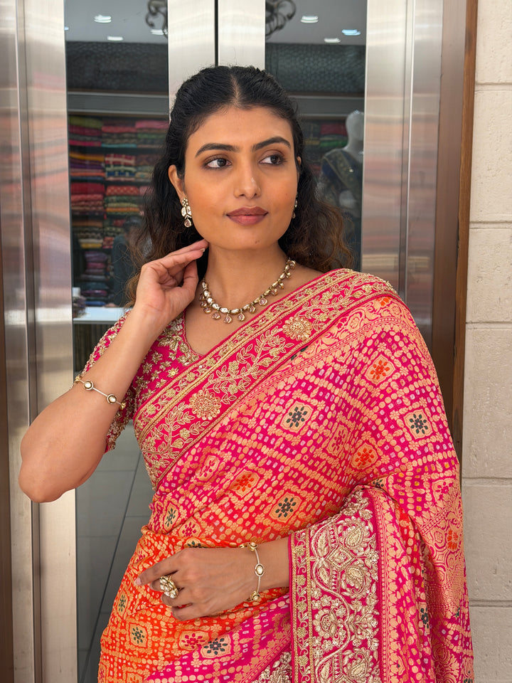 Orange Pink Bandhani Silk Saree with Heavy Zari Border