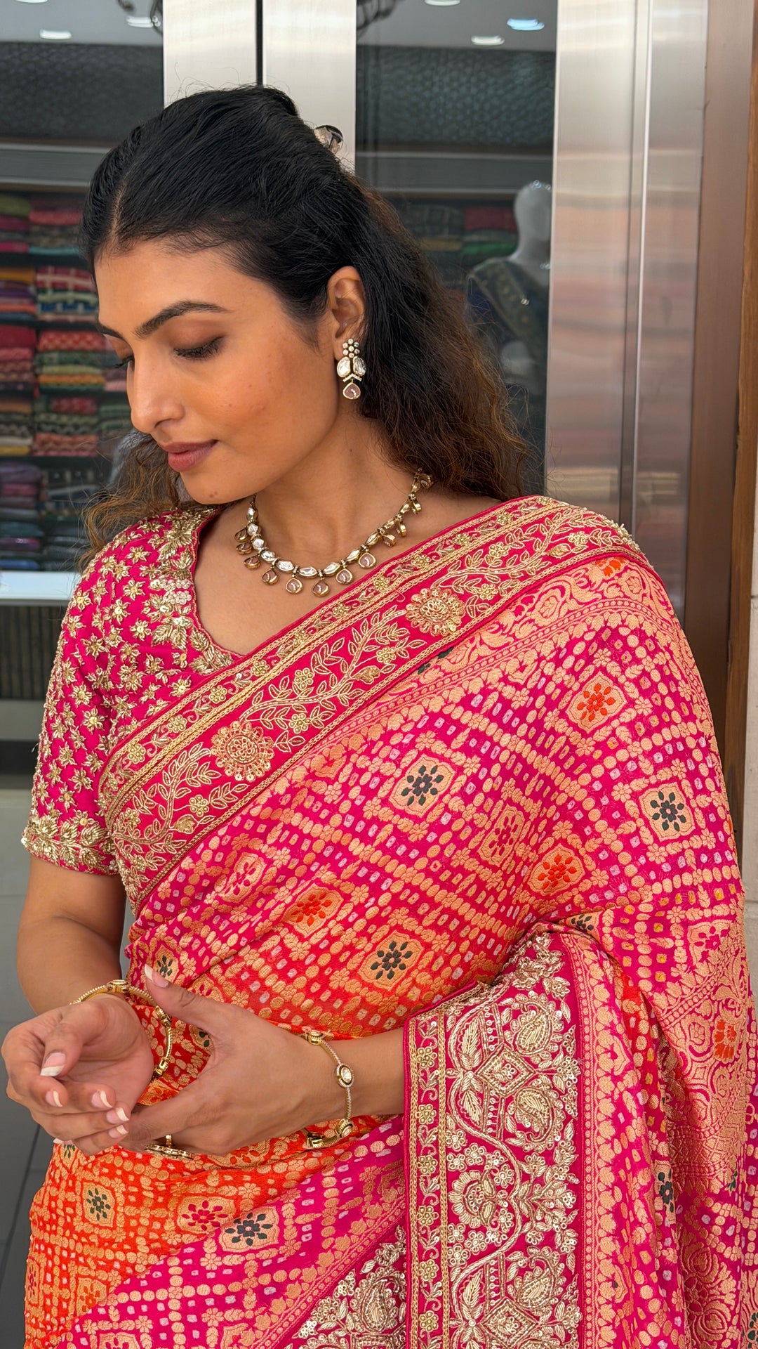 Orange Pink Bandhani Silk Saree with Heavy Zari Border