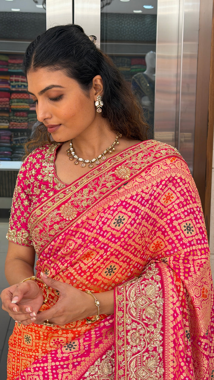 Orange Pink Bandhani Silk Saree with Heavy Zari Border
