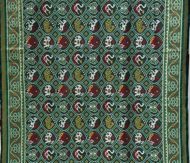 Royal Green Kunjar Bhat Patola Saree – Chowkdi Layout Inspired Double Ikat Weaving