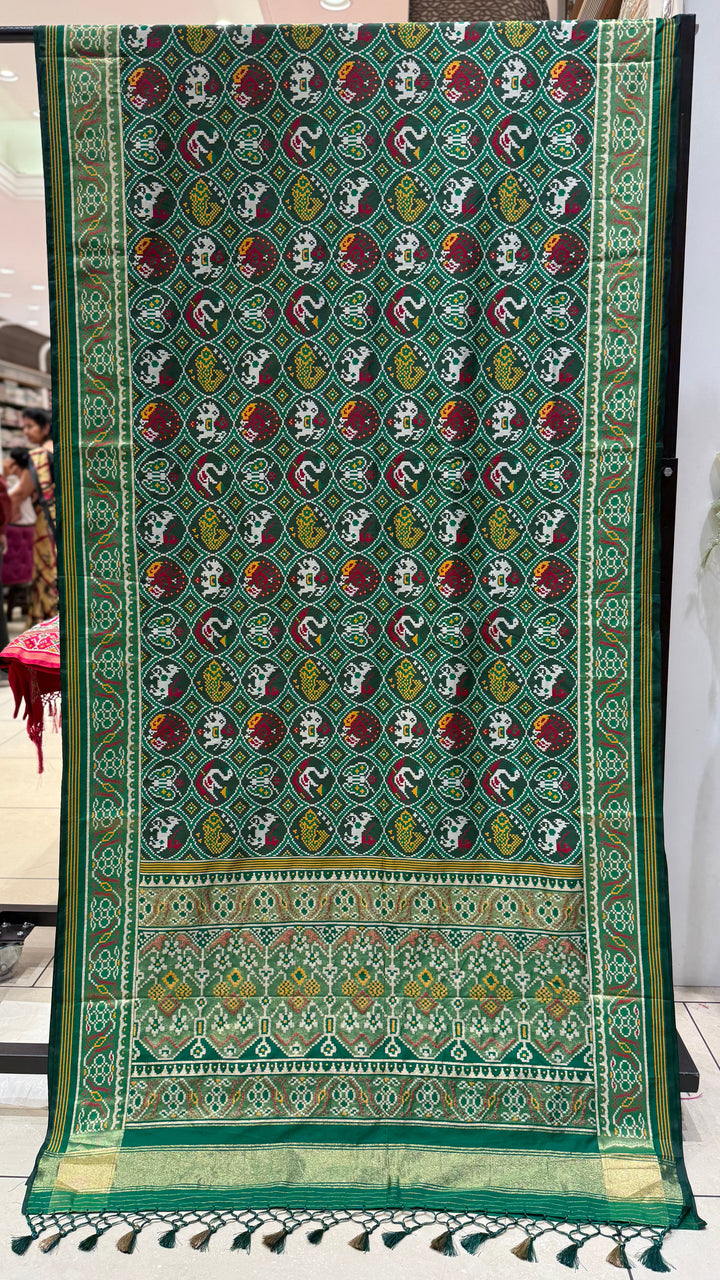 Royal Green Kunjar Bhat Patola Saree – Chowkdi Layout Inspired Double Ikat Weaving