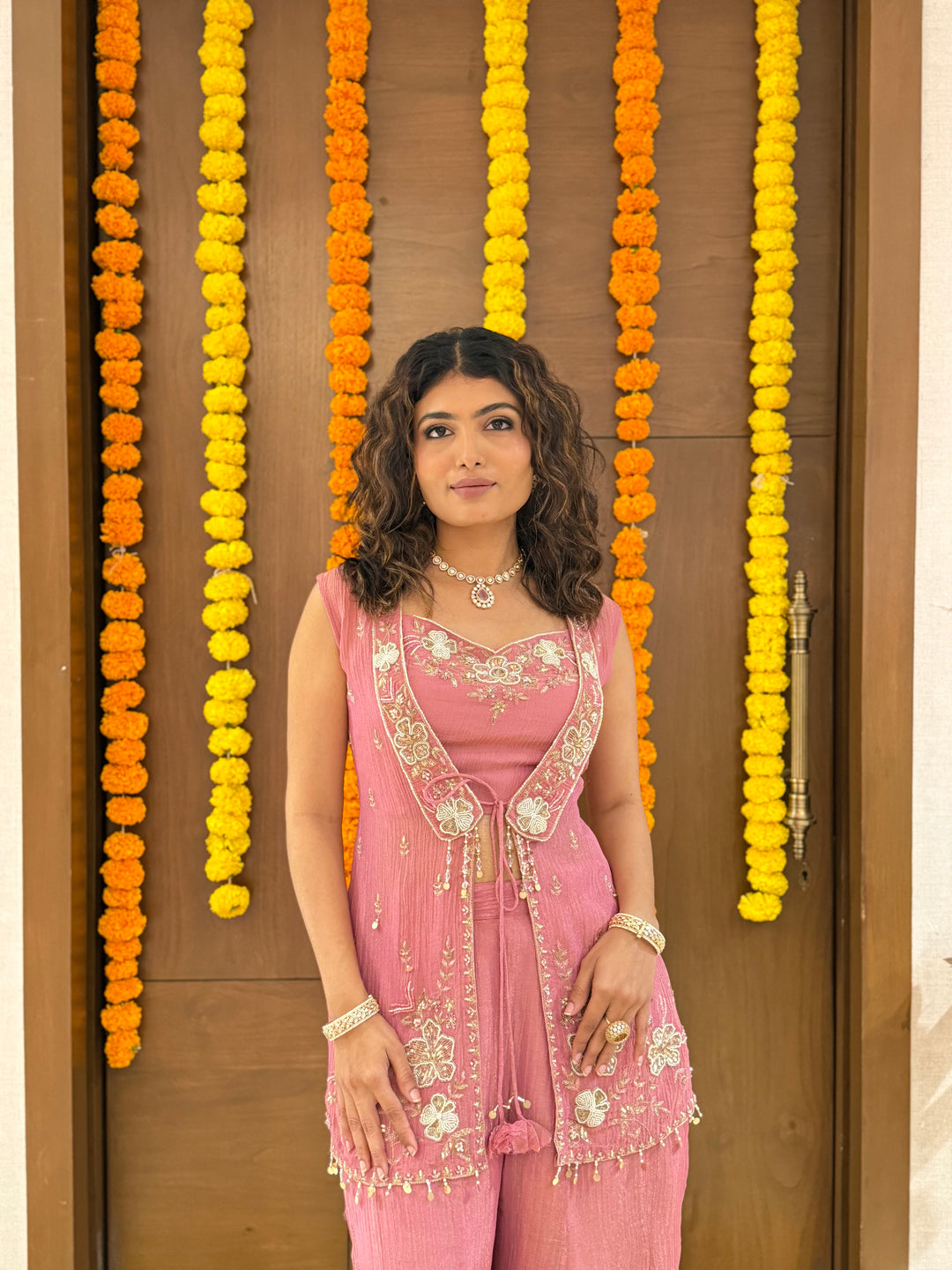 Dusty Rose Pink Embroidered Palazzo Set with Sleeveless Jacket