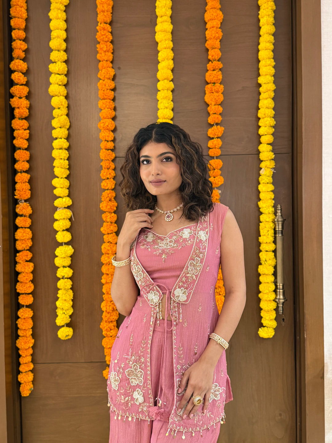 Dusty Rose Pink Embroidered Palazzo Set with Sleeveless Jacket