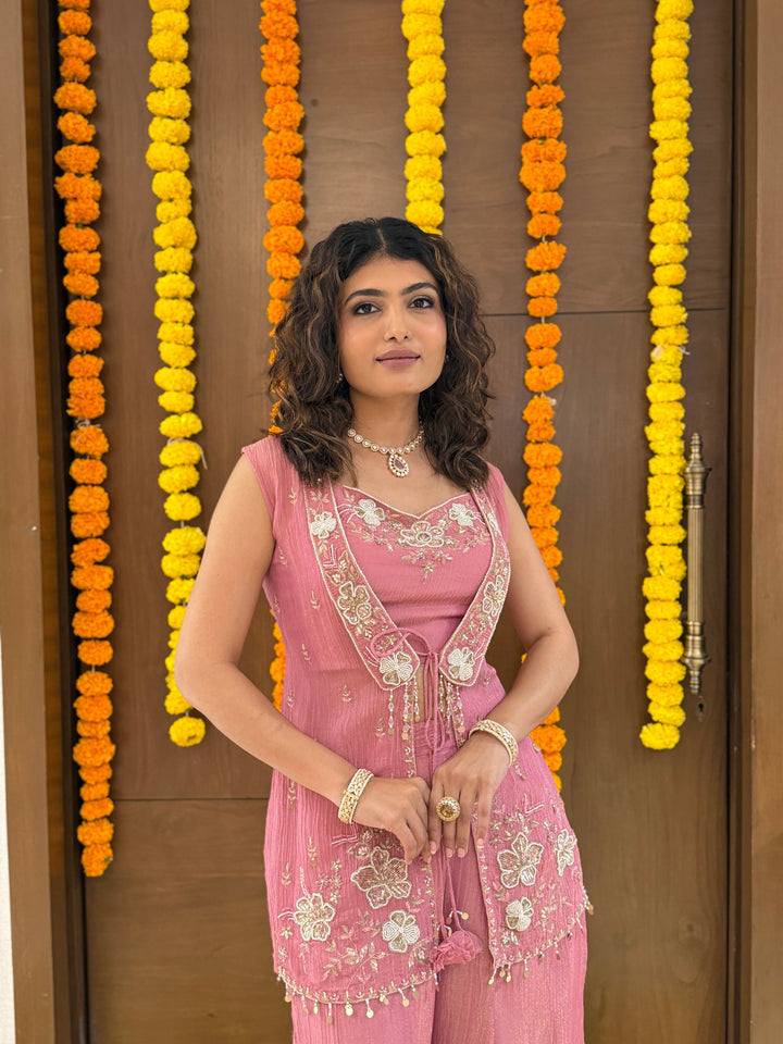 Dusty Rose Pink Embroidered Palazzo Set with Sleeveless Jacket