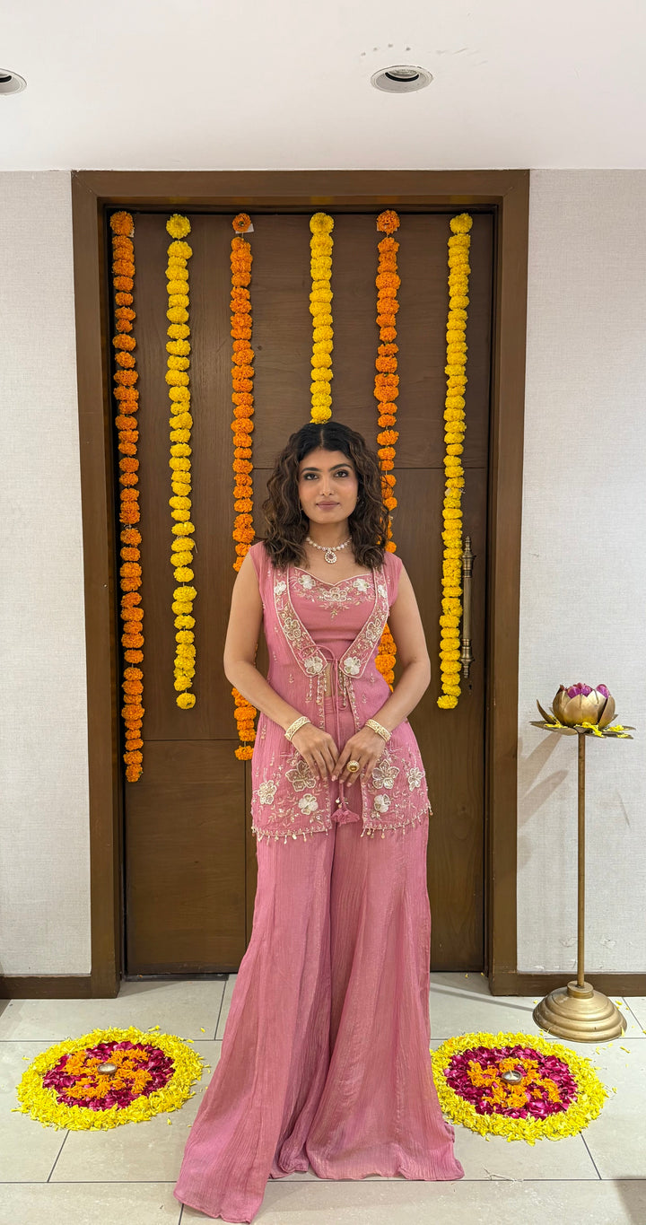 Dusty Rose Pink Embroidered Palazzo Set with Sleeveless Jacket