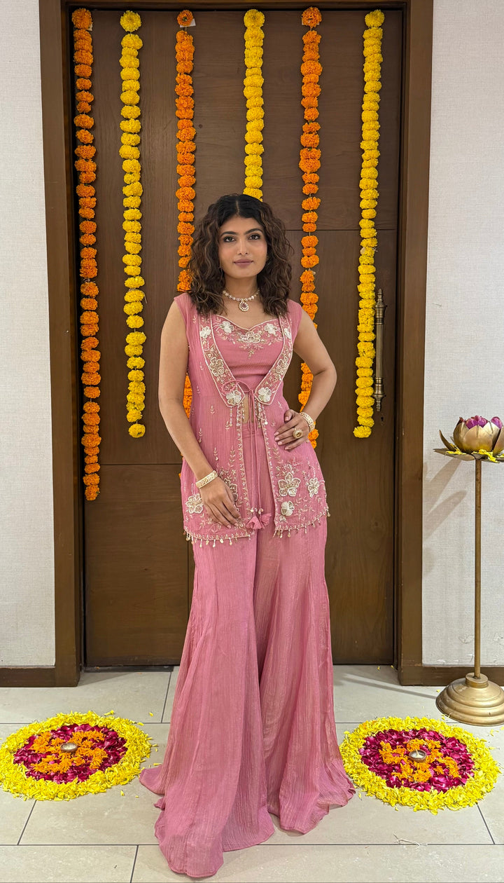 Dusty Rose Pink Embroidered Palazzo Set with Sleeveless Jacket