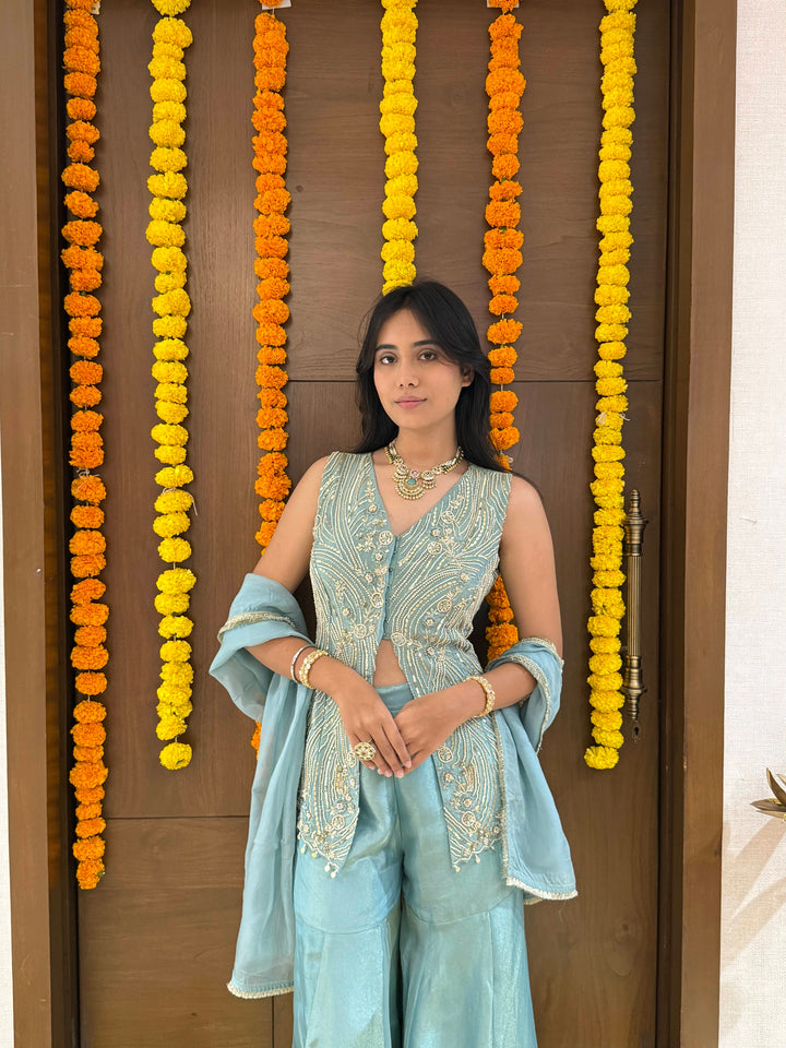 Powder Blue Hand-Embroidered Palazzo Set with Sleeveless Jacket