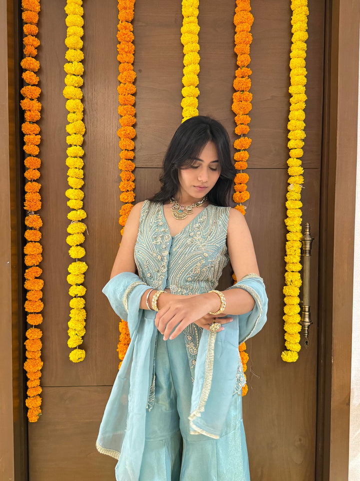 Powder Blue Hand-Embroidered Palazzo Set with Sleeveless Jacket