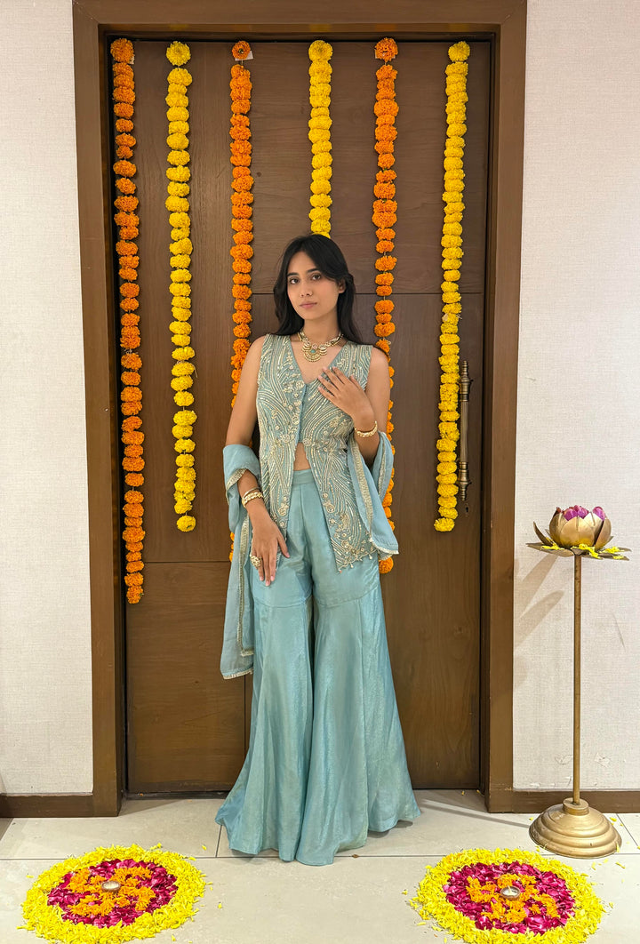 Powder Blue Hand-Embroidered Palazzo Set with Sleeveless Jacket