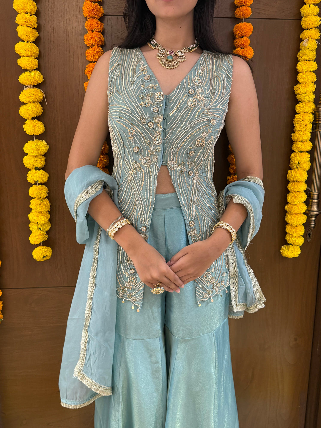 Powder Blue Hand-Embroidered Palazzo Set with Sleeveless Jacket