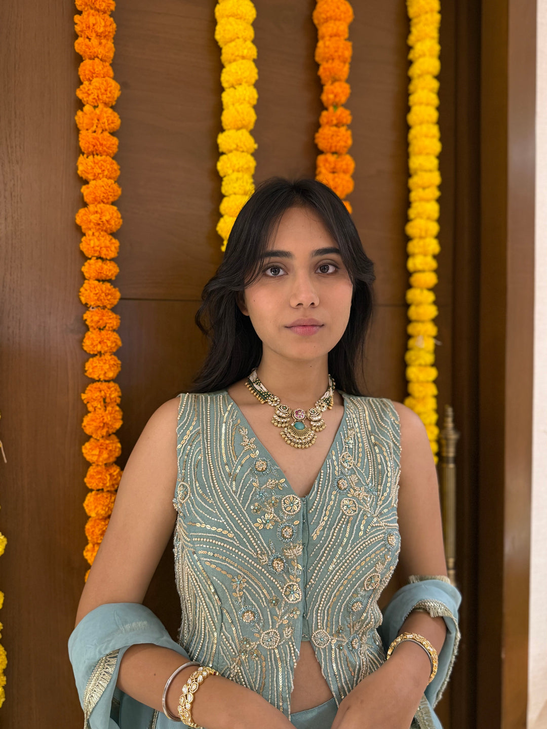 Powder Blue Hand-Embroidered Palazzo Set with Sleeveless Jacket