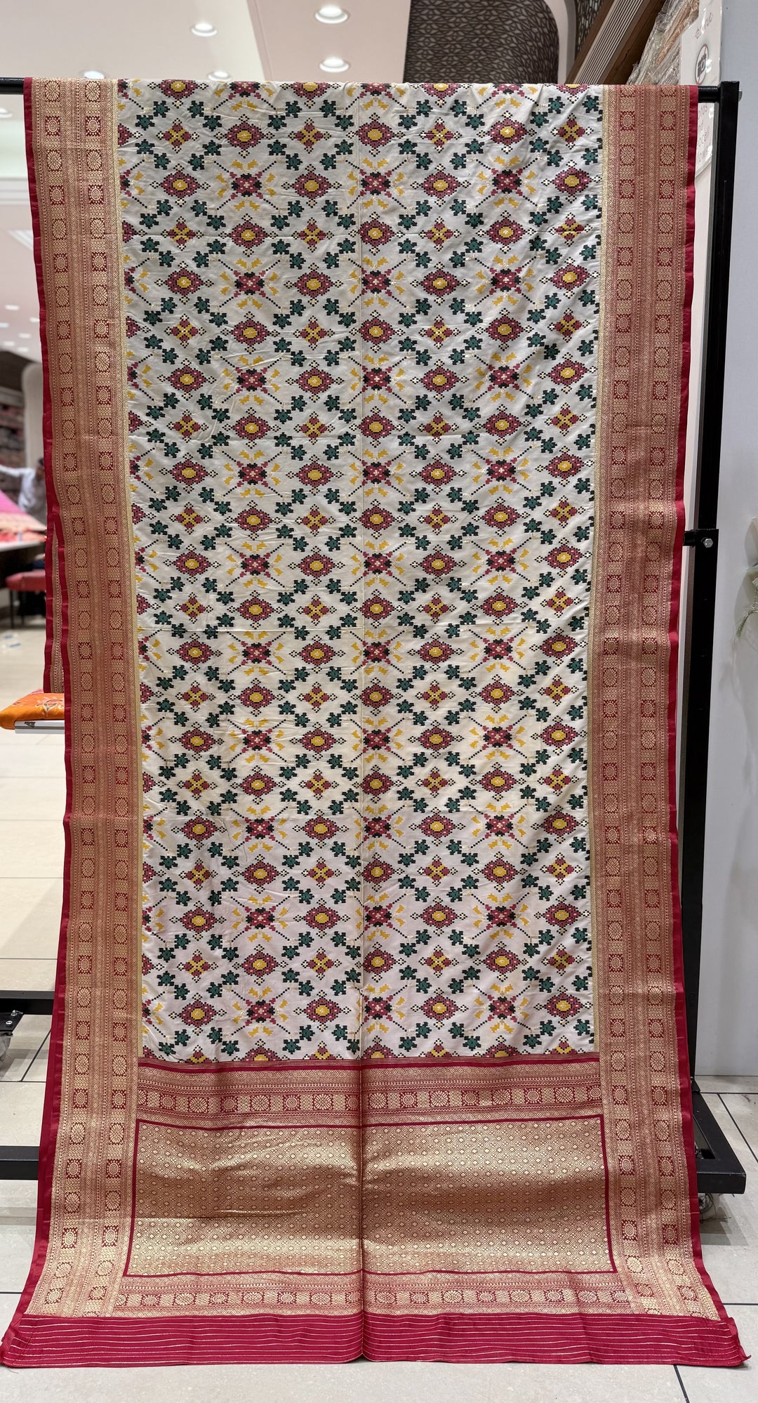 Royal Maroon Chowkdi Bhat Patola Saree with Phool Motifs – Double Ikat Inspired Weaving