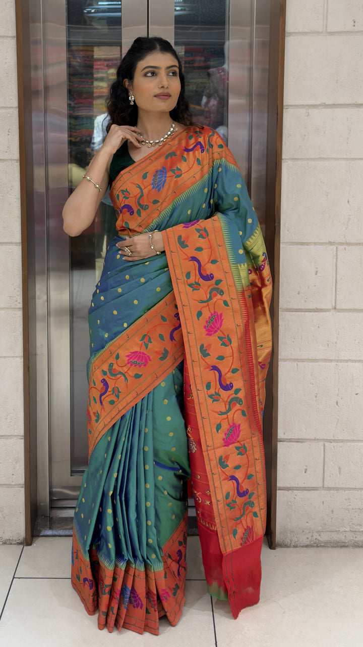 Teal Blue Paithani Silk Saree with Orange Peacock & Lotus Woven Border