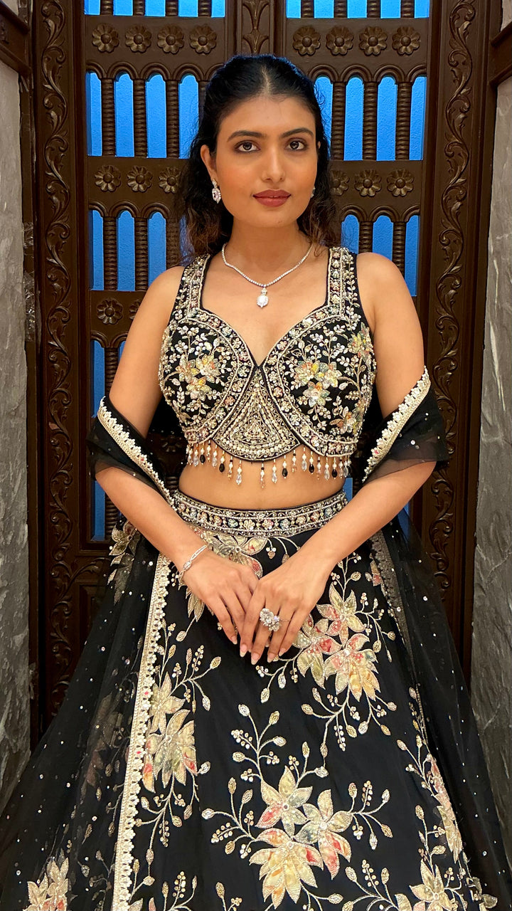 Black Floral Embroidered Designer Lehenga Set