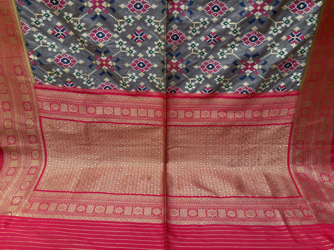 Grey Chowkdi Bhat Patola Saree with Phool Jaal – Double Ikat Inspired Weaving
