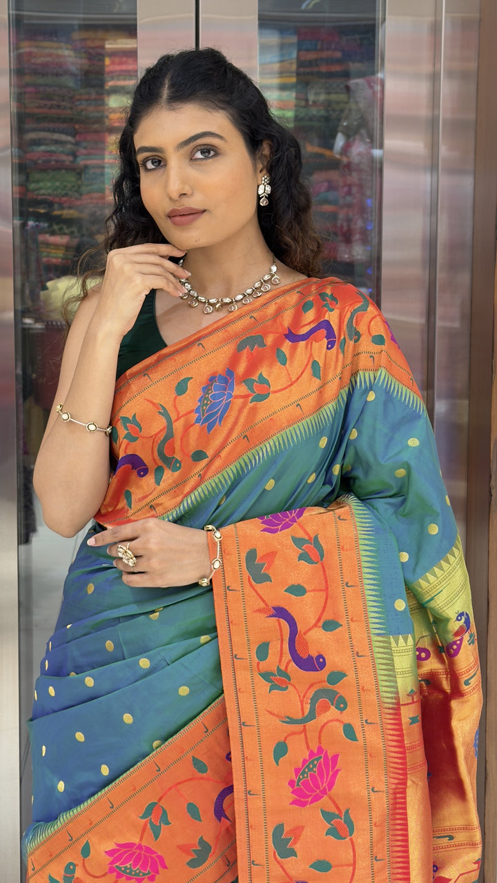 Teal Blue Paithani Silk Saree with Orange Peacock & Lotus Woven Border
