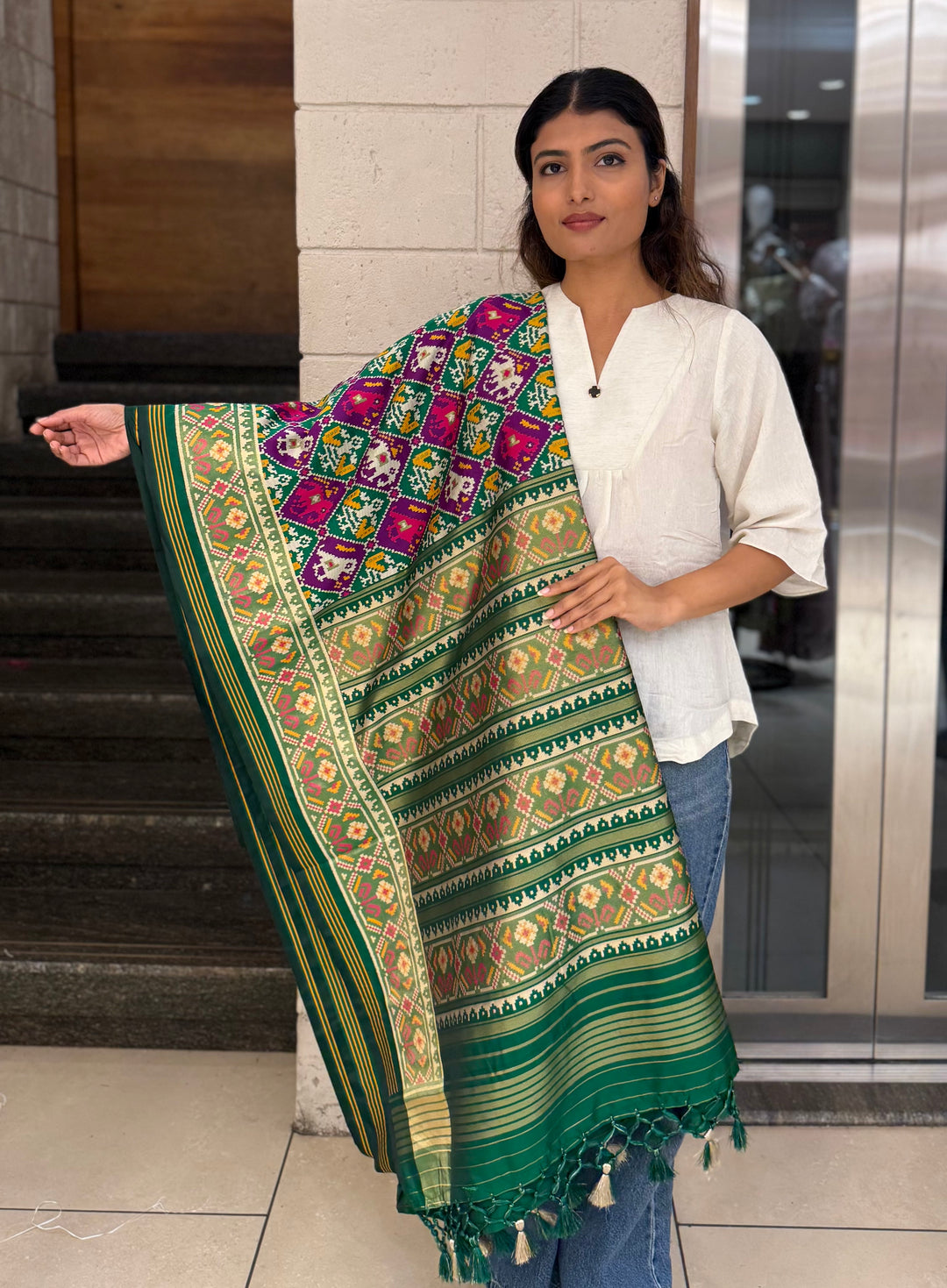 Royal Kunjar Phool Bhat Patola Inspired Saree with Traditional Floral & Elephant Motifs