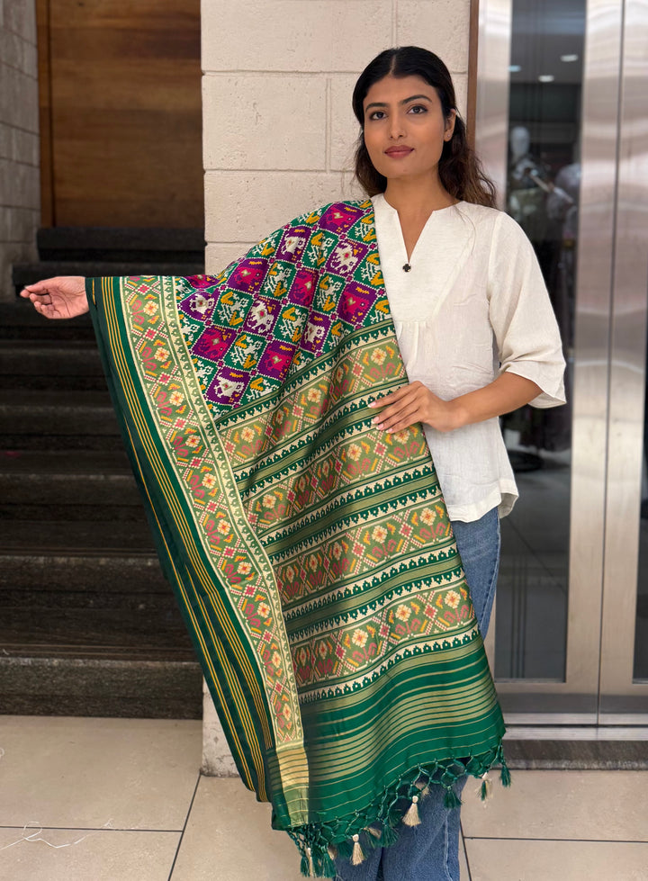 Royal Kunjar Phool Bhat Patola Inspired Saree with Traditional Floral & Elephant Motifs