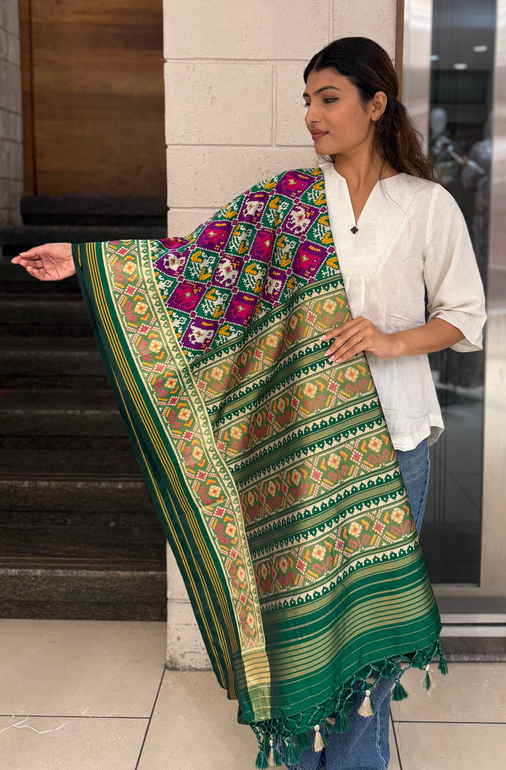 Royal Kunjar Phool Bhat Patola Inspired Saree with Traditional Floral & Elephant Motifs