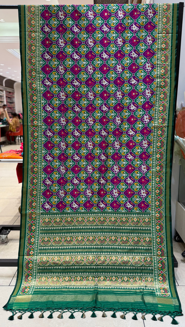 Royal Kunjar Phool Bhat Patola Inspired Saree with Traditional Floral & Elephant Motifs