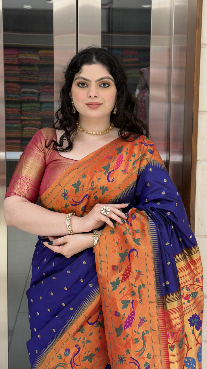 Royal Blue Paithani Silk Saree with Orange Peacock & Lotus Woven Border