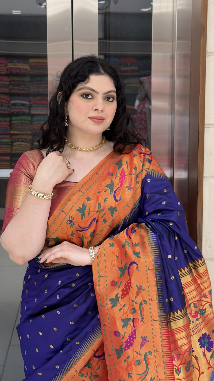 Royal Blue Paithani Silk Saree with Orange Peacock & Lotus Woven Border