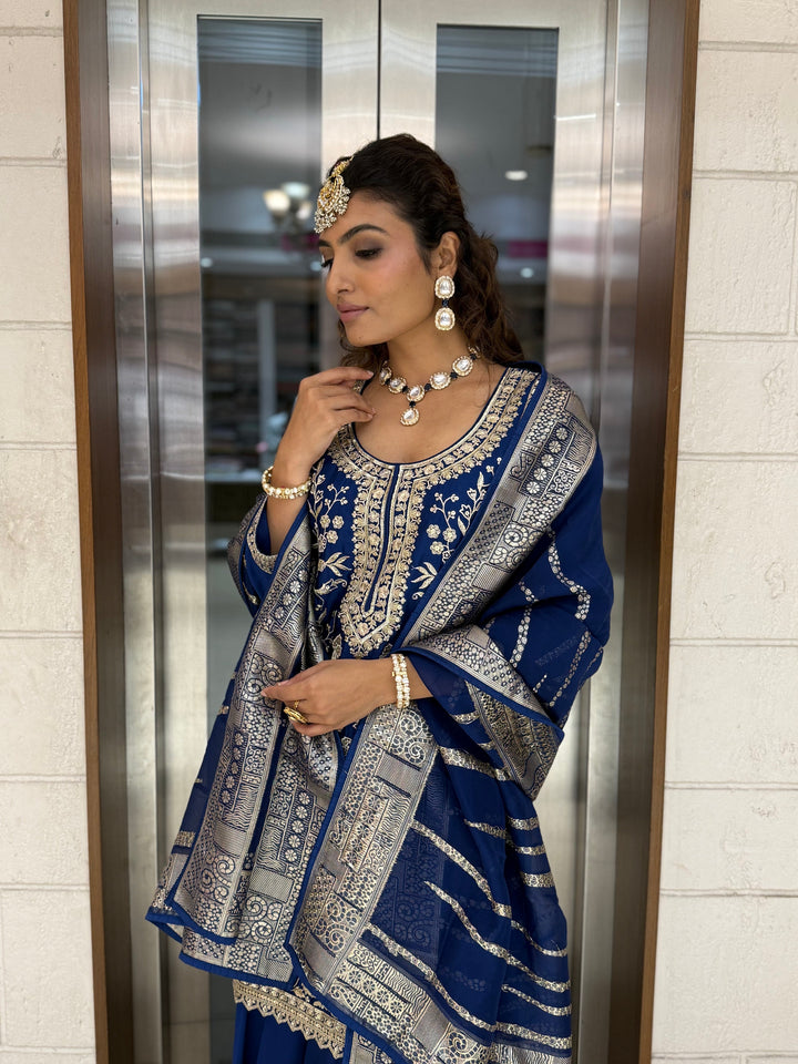 Royal Blue Embroidered Sharara Set with Organza Dupatta – Regal Festive Ensemble