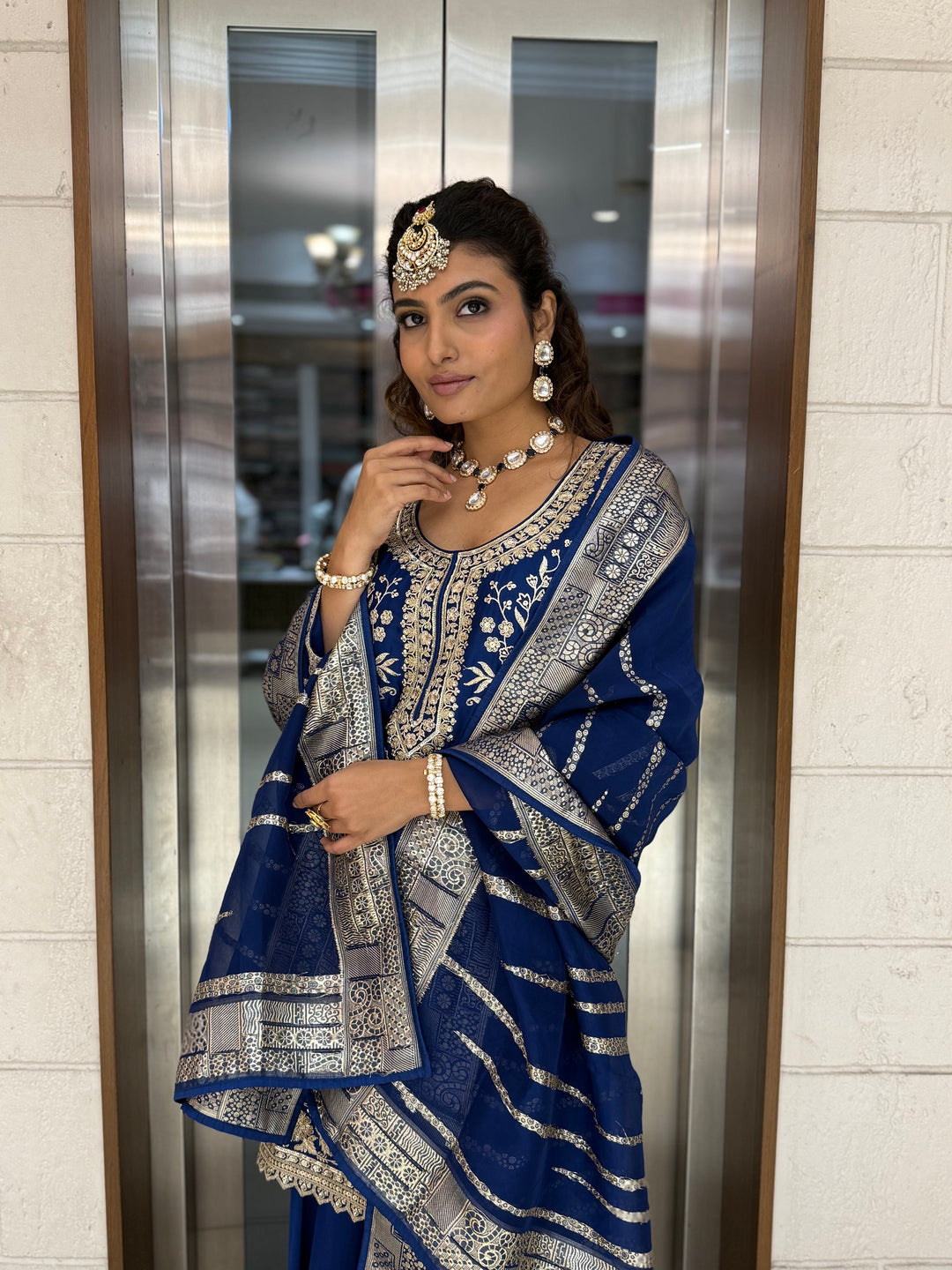 Royal Blue Embroidered Sharara Set with Organza Dupatta – Regal Festive Ensemble