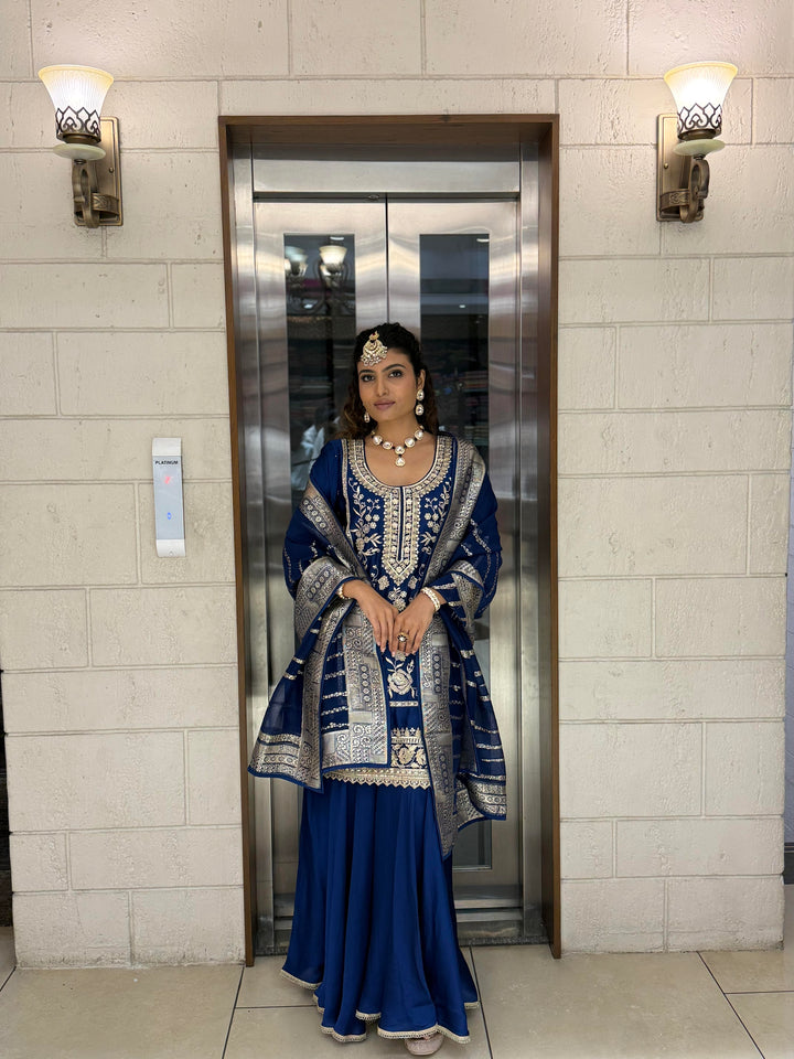 Royal Blue Embroidered Sharara Set with Organza Dupatta – Regal Festive Ensemble