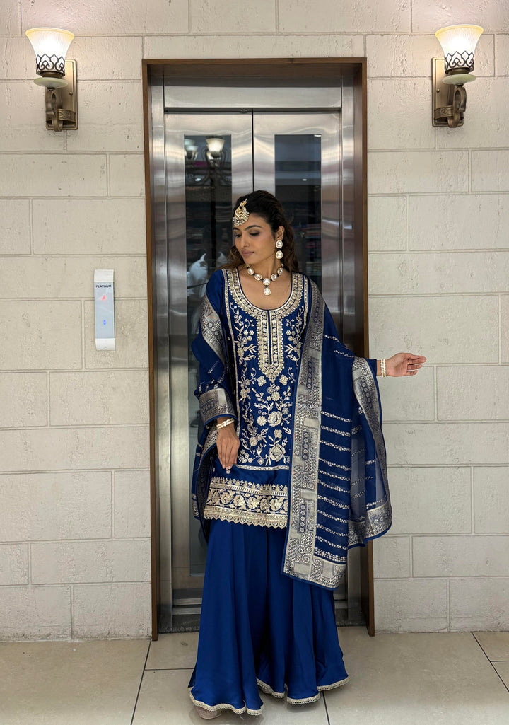 Royal Blue Embroidered Sharara Set with Organza Dupatta – Regal Festive Ensemble