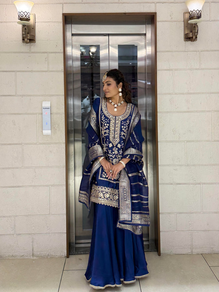 Royal Blue Embroidered Sharara Set with Organza Dupatta – Regal Festive Ensemble