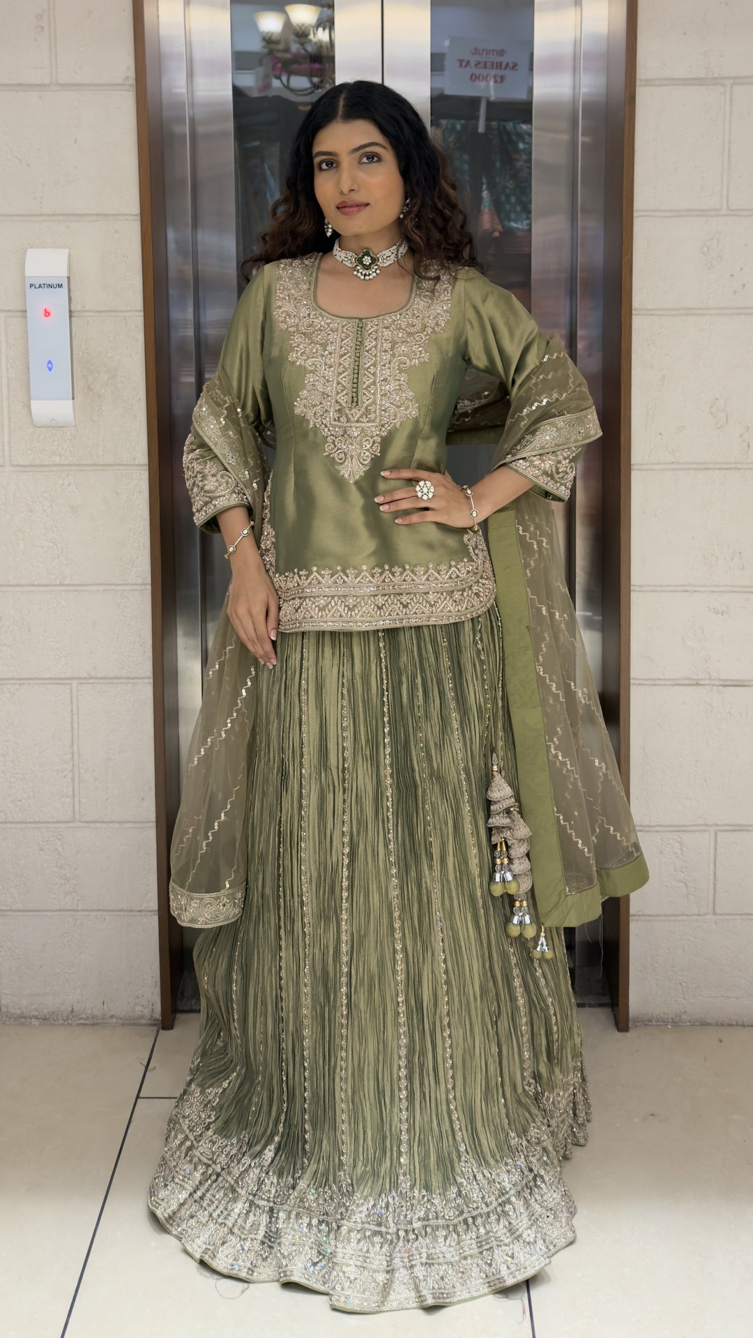 Sage Green Embroidered Kurta with Crushed Sharara & Dupatta Set
