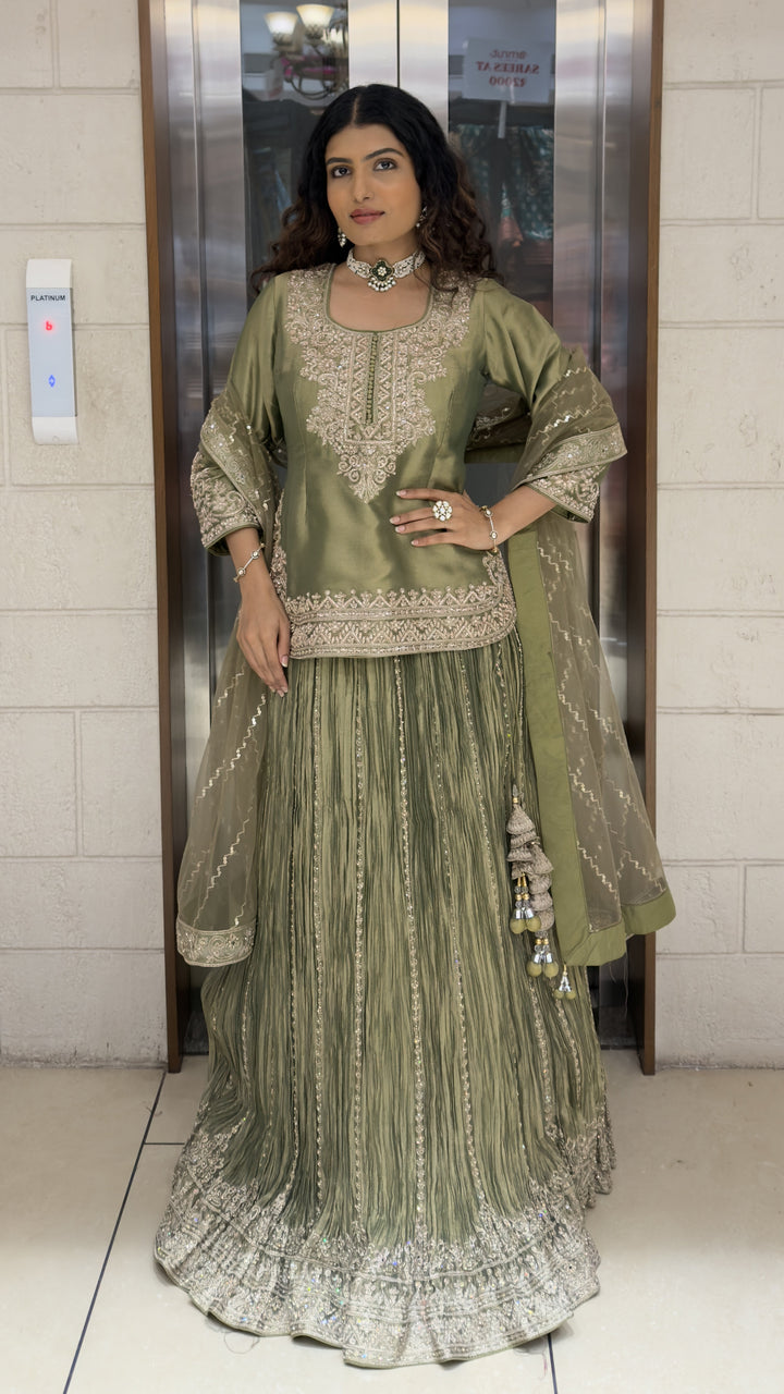 Sage Green Embroidered Kurta with Crushed Sharara & Dupatta Set