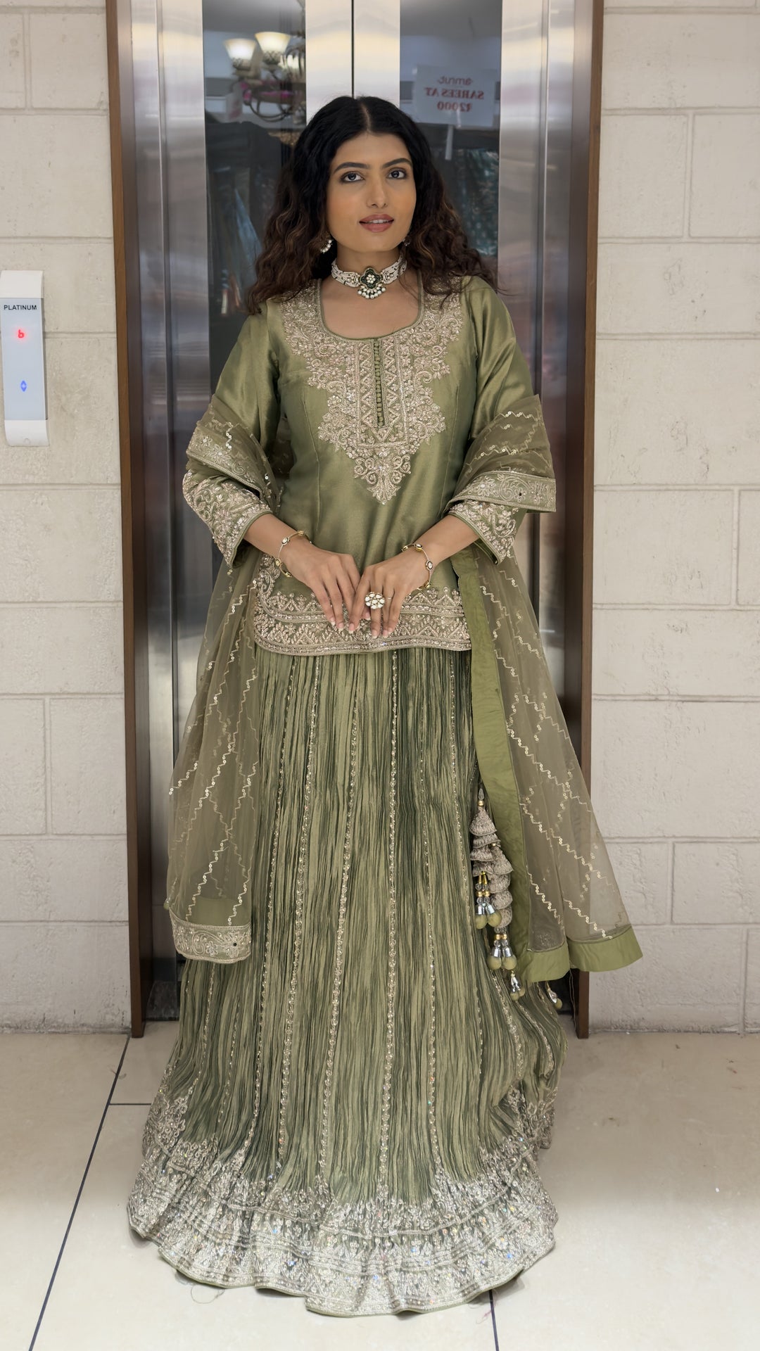 Sage Green Embroidered Kurta with Crushed Sharara & Dupatta Set