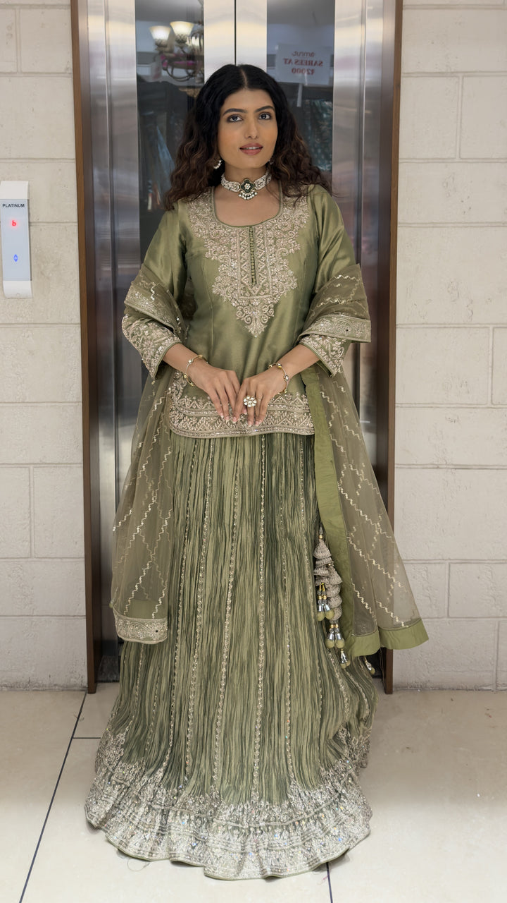 Sage Green Embroidered Kurta with Crushed Sharara & Dupatta Set
