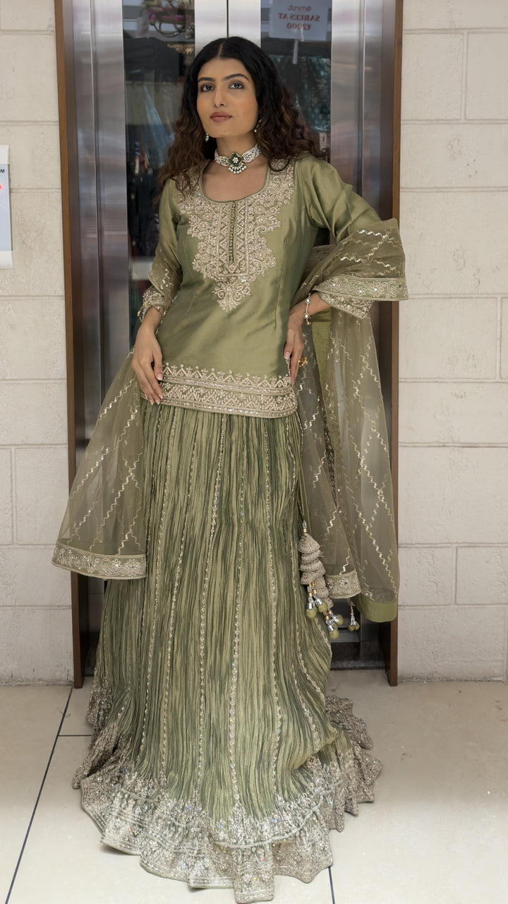 Sage Green Embroidered Kurta with Crushed Sharara & Dupatta Set