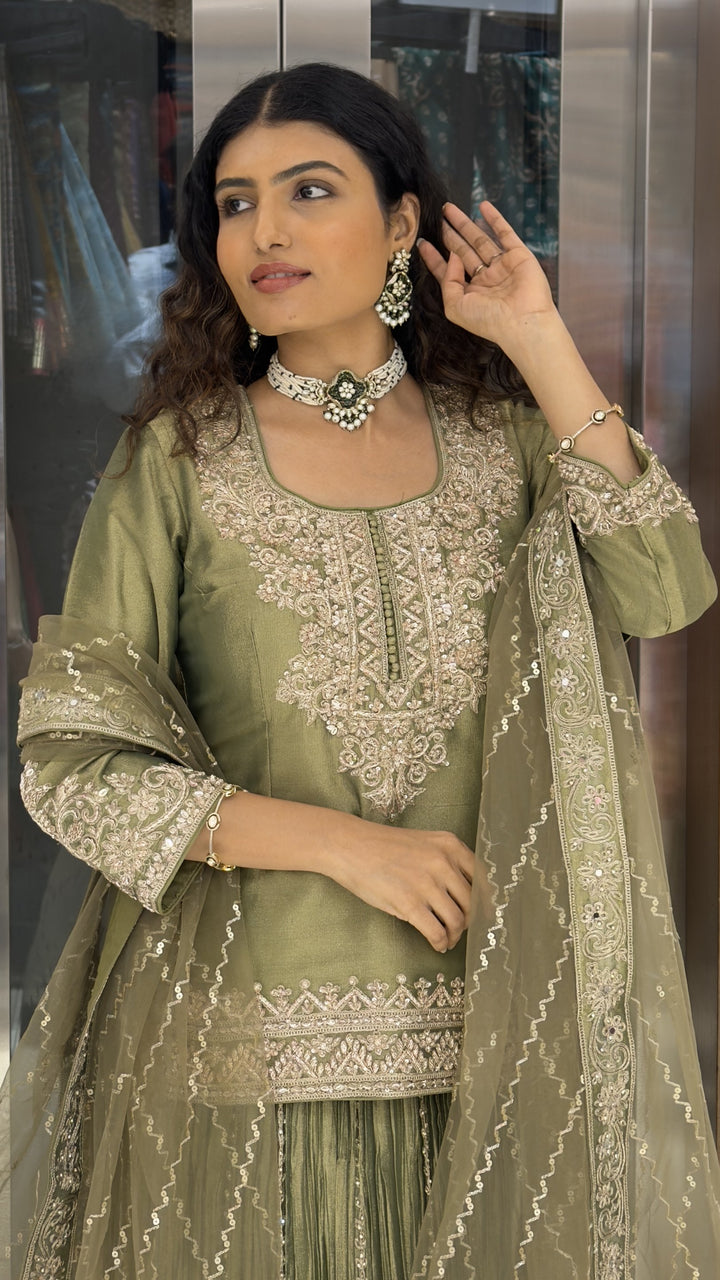 Sage Green Embroidered Kurta with Crushed Sharara & Dupatta Set