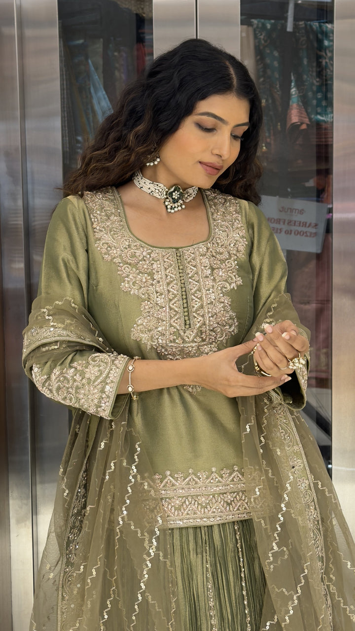 Sage Green Embroidered Kurta with Crushed Sharara & Dupatta Set