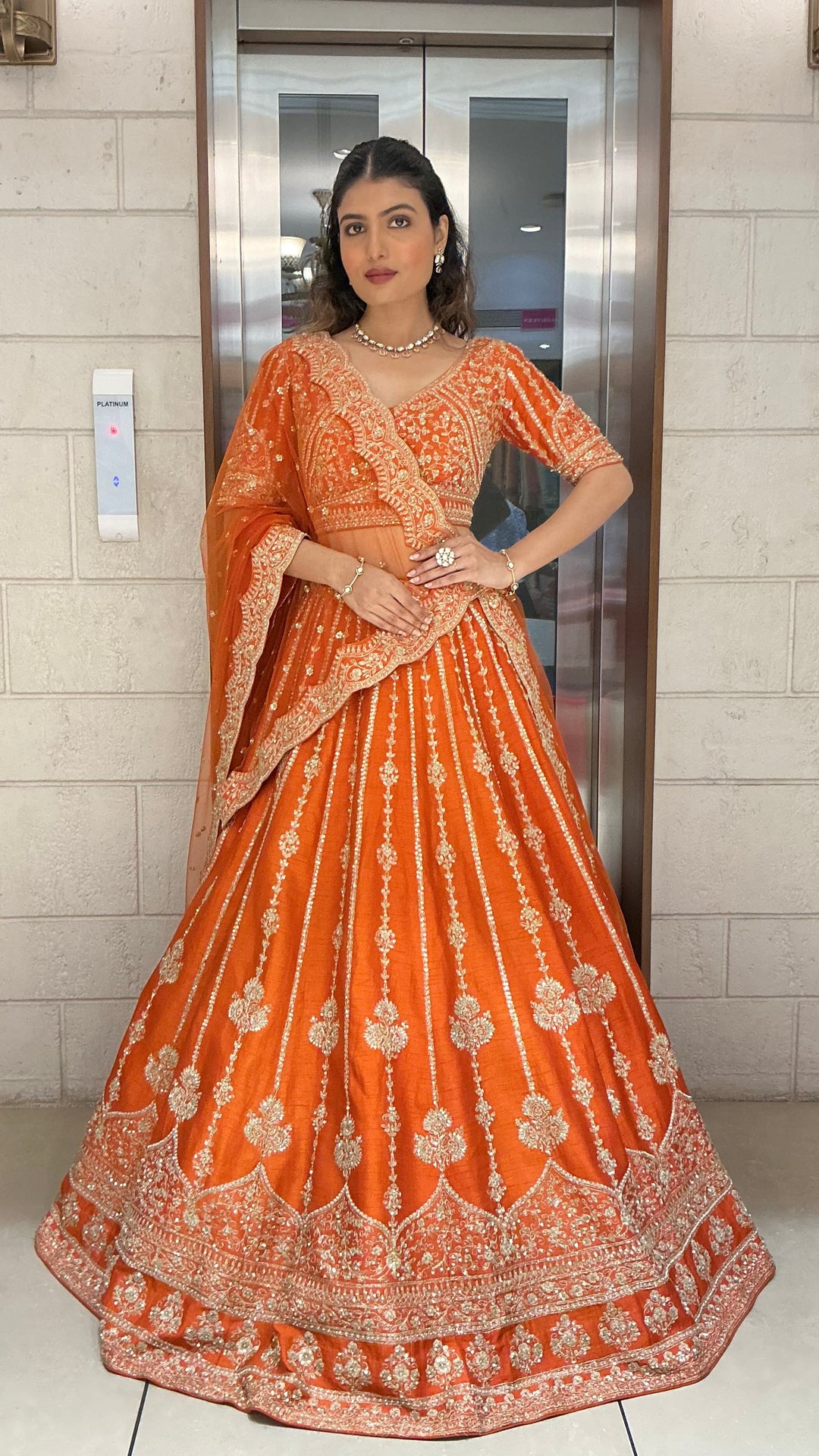 Orange Embroidered Bridal Lehenga Set with Net Dupatta