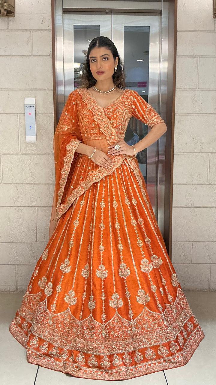 Orange Embroidered Bridal Lehenga Set with Net Dupatta