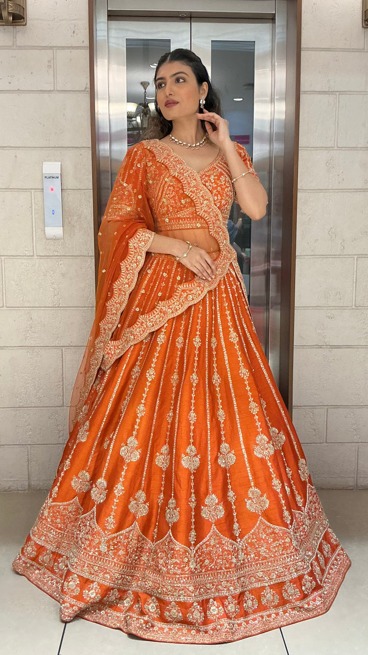 Orange Embroidered Bridal Lehenga Set with Net Dupatta