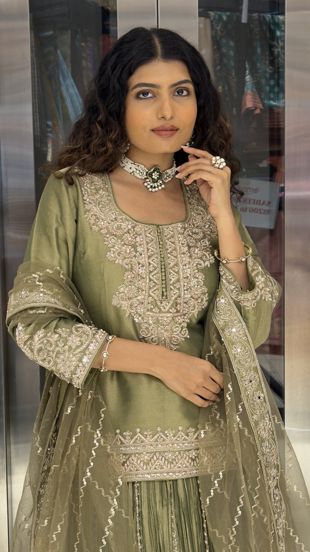 Sage Green Embroidered Kurta with Crushed Sharara & Dupatta Set