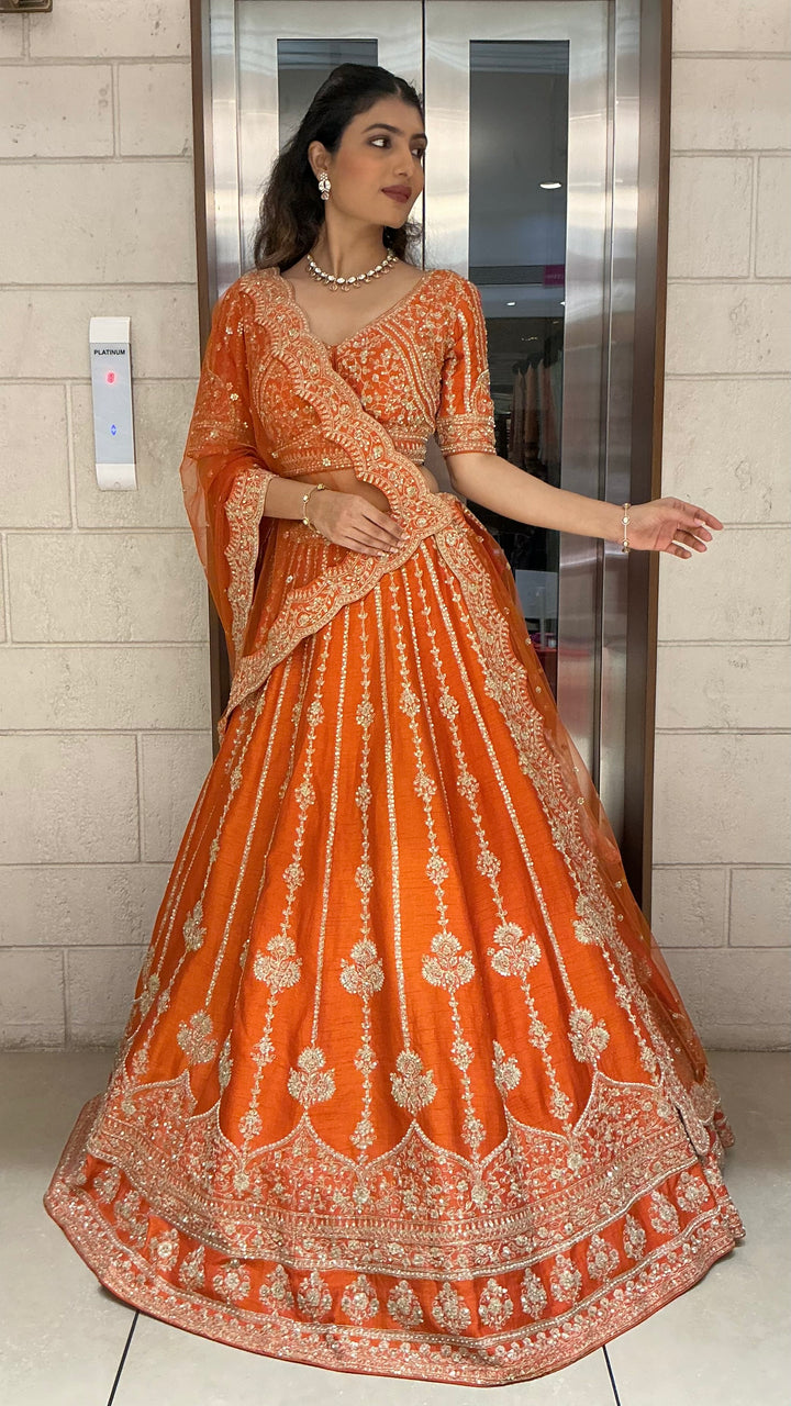 Orange Embroidered Bridal Lehenga Set with Net Dupatta