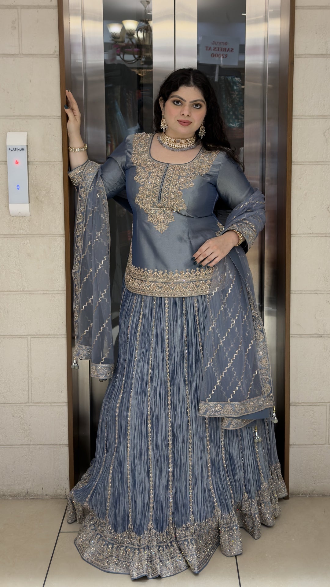Steel Blue Embroidered Kurta with Crushed Sharara & Dupatta Set