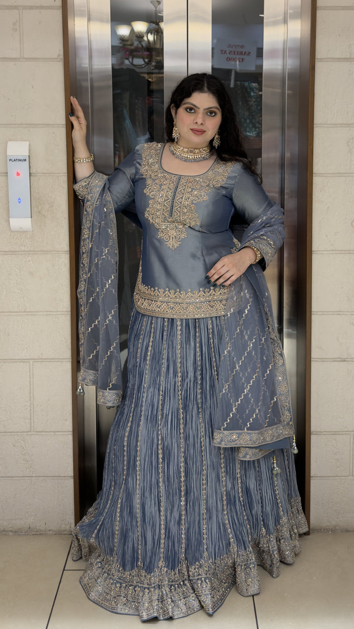 Steel Blue Embroidered Kurta with Crushed Sharara & Dupatta Set