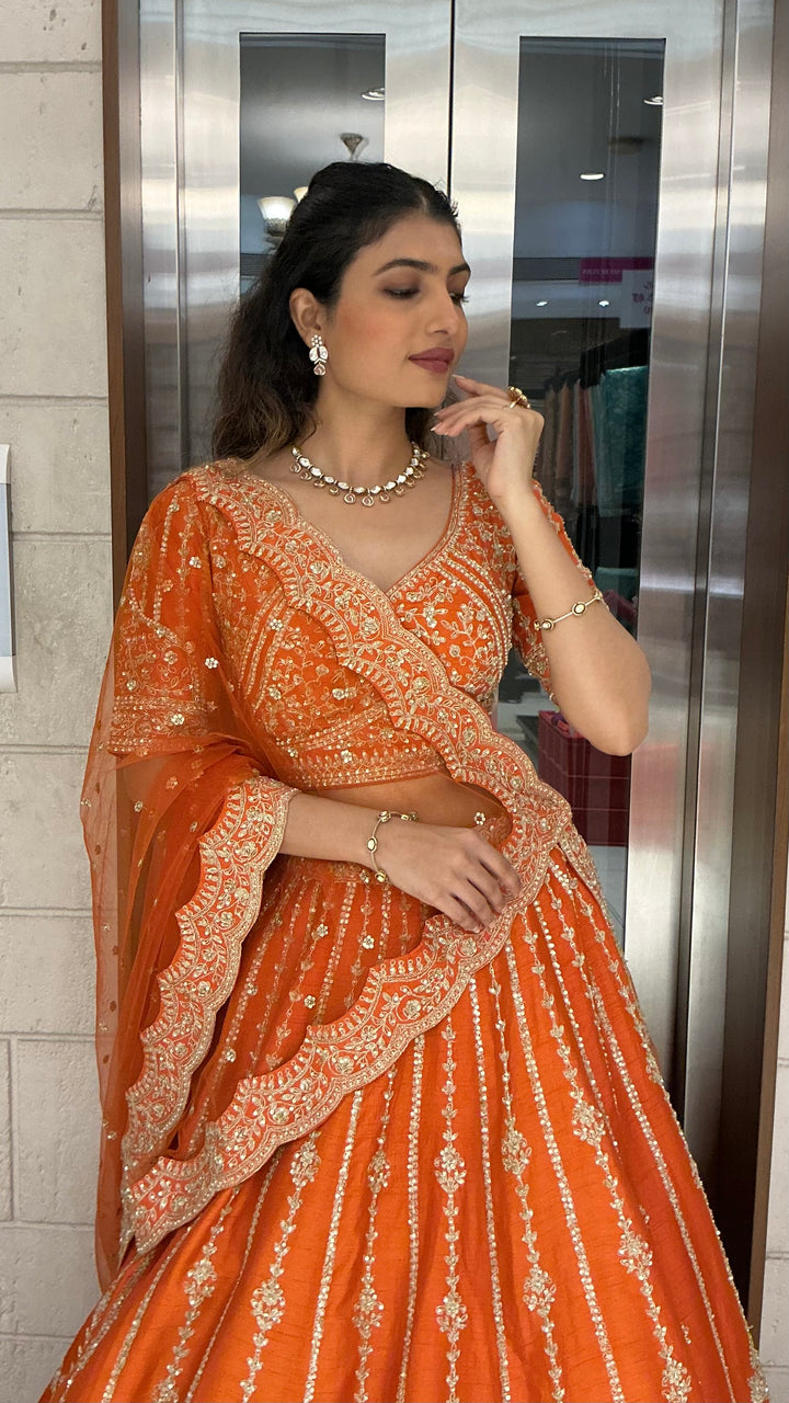 Orange Embroidered Bridal Lehenga Set with Net Dupatta