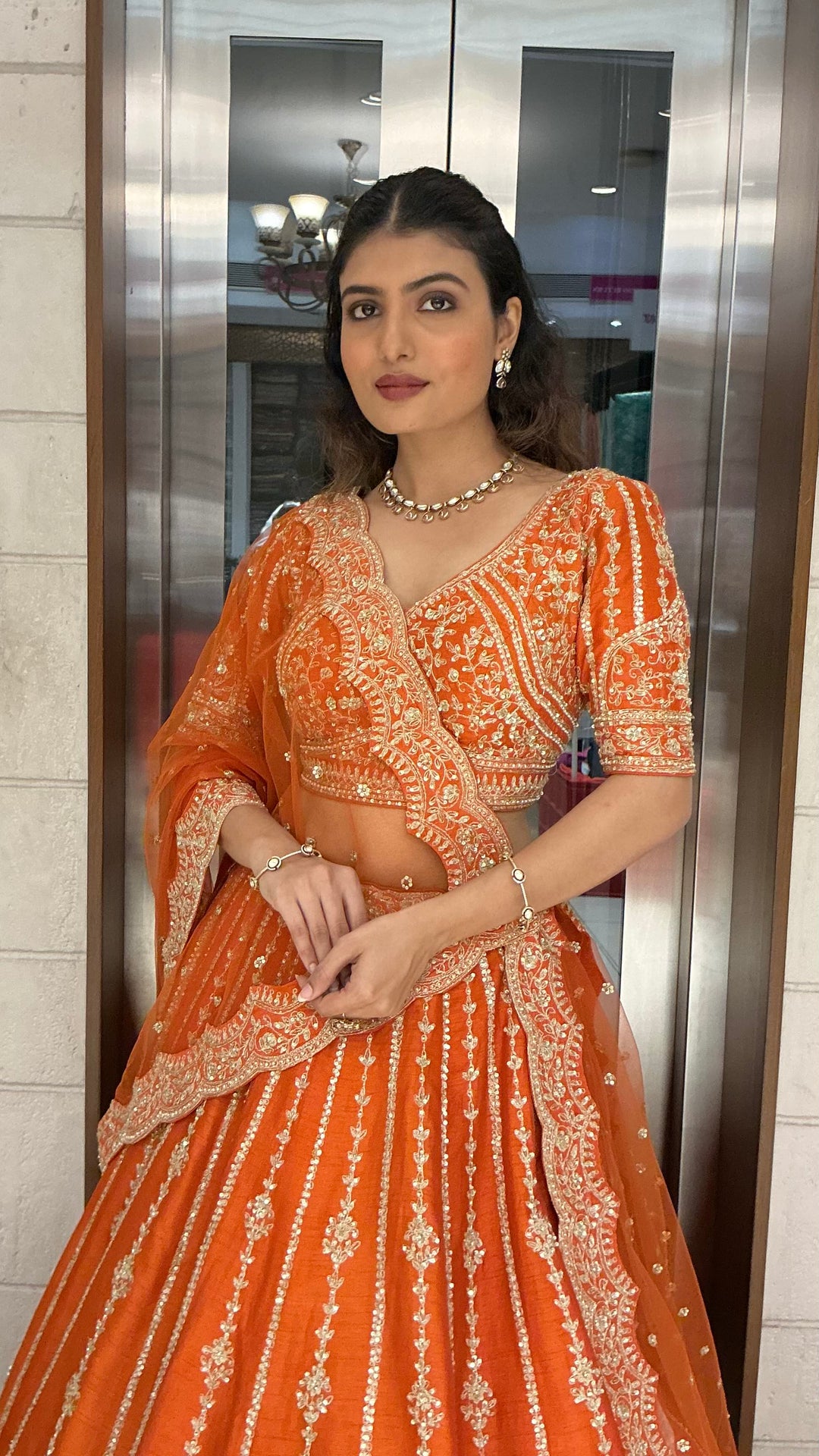 Orange Embroidered Bridal Lehenga Set with Net Dupatta