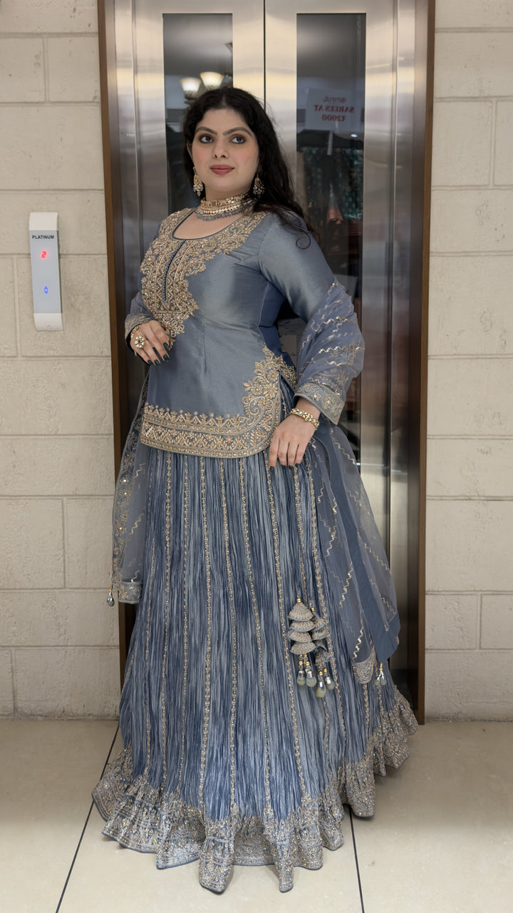 Steel Blue Embroidered Kurta with Crushed Sharara & Dupatta Set