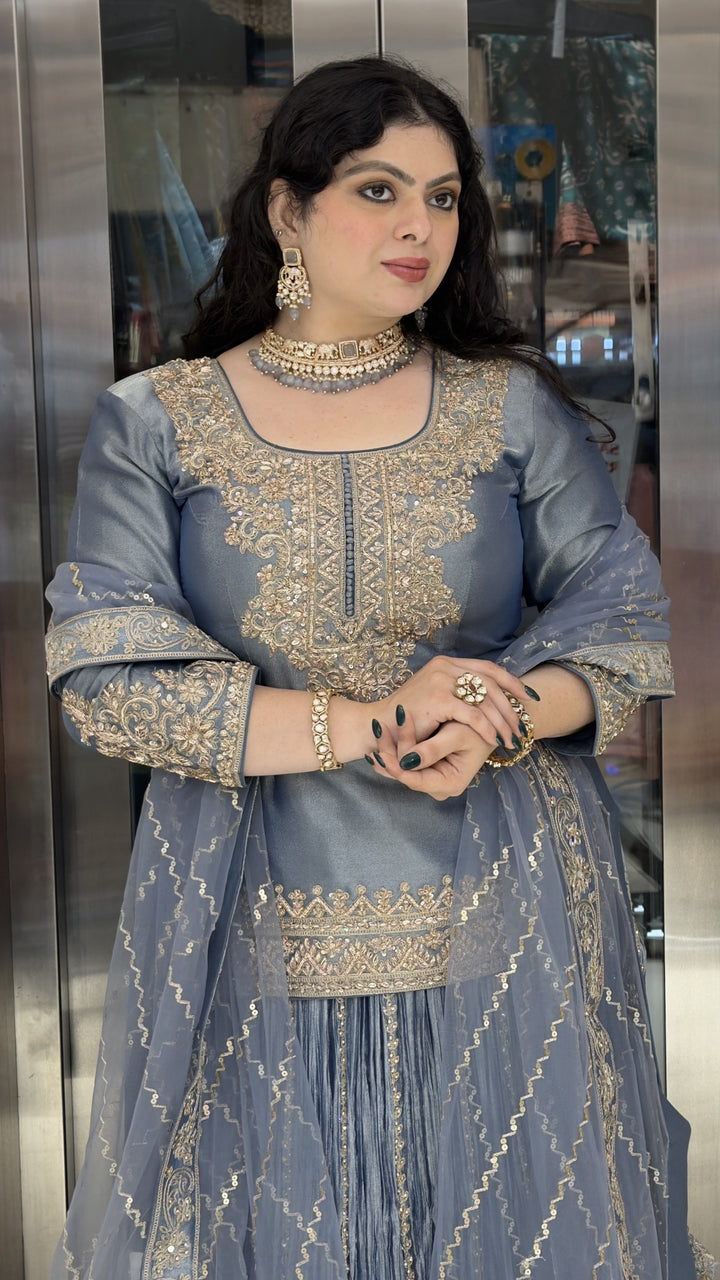 Steel Blue Embroidered Kurta with Crushed Sharara & Dupatta Set